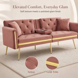 STILVORA 2-Seater Sofa Bed with Adjustable Backrest & Cup Holders in Pink - thumbnail 9
