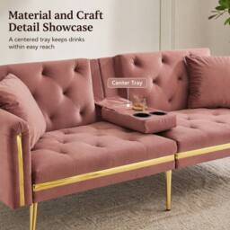 STILVORA 2-Seater Sofa Bed with Adjustable Backrest & Cup Holders in Pink - thumbnail 8