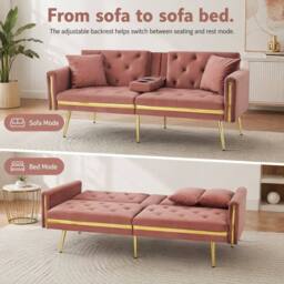 STILVORA 2-Seater Sofa Bed with Adjustable Backrest & Cup Holders in Pink - thumbnail 7