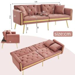 STILVORA 2-Seater Sofa Bed with Adjustable Backrest & Cup Holders in Pink - thumbnail 4