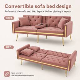 STILVORA 2-Seater Sofa Bed with Adjustable Backrest & Cup Holders in Pink - thumbnail 6