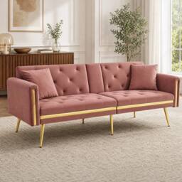 STILVORA 2-Seater Sofa Bed with Adjustable Backrest & Cup Holders in Pink