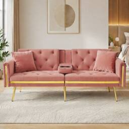 STILVORA 2-Seater Sofa Bed with Adjustable Backrest & Cup Holders in Pink - thumbnail 2
