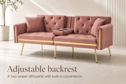 STILVORA 2-Seater Sofa Bed with Adjustable Backrest & Cup Holders in Pink - thumbnail 3