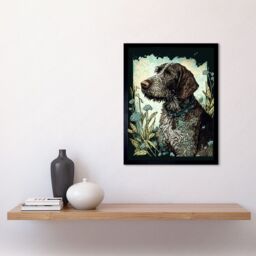 "Artery8 Wall Art Print German Wirehead Pointer Dog & Blue Wildflowers Modern Portrait Art Framed in Black - Size: W12"" x H16""" - thumbnail 2