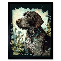 "Artery8 Wall Art Print German Wirehead Pointer Dog & Blue Wildflowers Modern Portrait Art Framed in Black - Size: W12"" x H16""" - thumbnail 1
