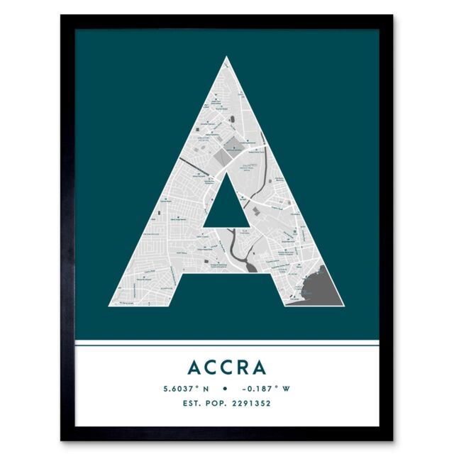 "Wee Blue Coo Wall Art Print Accra Ghana City Map Modern Typography Stylish Letter Framed Word in Teal - Size: W12"" x H16""" - image 1