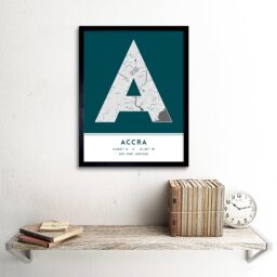 "Wee Blue Coo Wall Art Print Accra Ghana City Map Modern Typography Stylish Letter Framed Word in Teal - Size: W12"" x H16""" - thumbnail 2