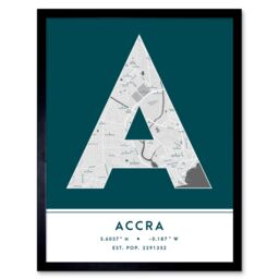 "Wee Blue Coo Wall Art Print Accra Ghana City Map Modern Typography Stylish Letter Framed Word in Teal - Size: W12"" x H16""" - thumbnail 1