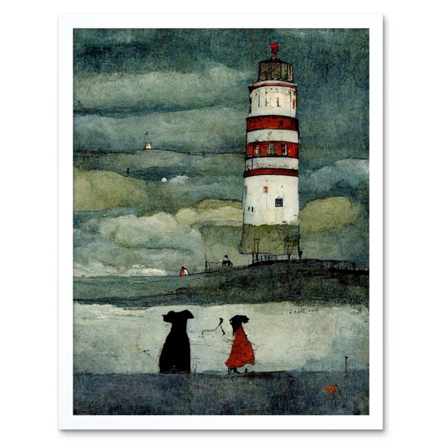"Artery8 Wall Art Print Lighthouse Keeper's Dog Quirky Grunge Art Framed in White - Size: W12"" x H16""" - image 1