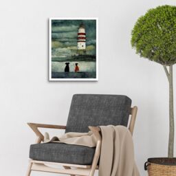"Artery8 Wall Art Print Lighthouse Keeper's Dog Quirky Grunge Art Framed in White - Size: W12"" x H16""" - thumbnail 2