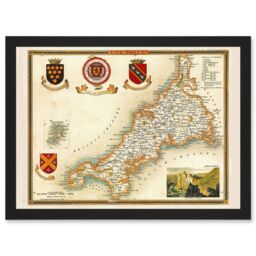 Artery8 Map Antique Moule 1850 Cornwall County England UK Artwork Framed Wall Art Print A4 in Black - thumbnail 1