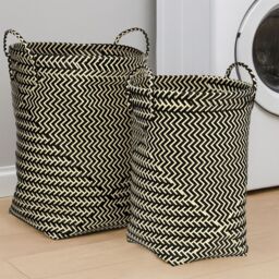 Orsina Black & White Wicker Basket, Woven Basket, Toys Storage Bin, Handwoven Zigzag Rattan Baskets With Handles in Cream - thumbnail 2