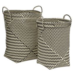 Orsina Black & White Wicker Basket, Woven Basket, Toys Storage Bin, Handwoven Zigzag Rattan Baskets With Handles in Cream
