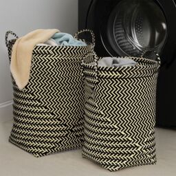 Orsina Black & White Wicker Basket, Woven Basket, Toys Storage Bin, Handwoven Zigzag Rattan Baskets With Handles in Cream - thumbnail 3