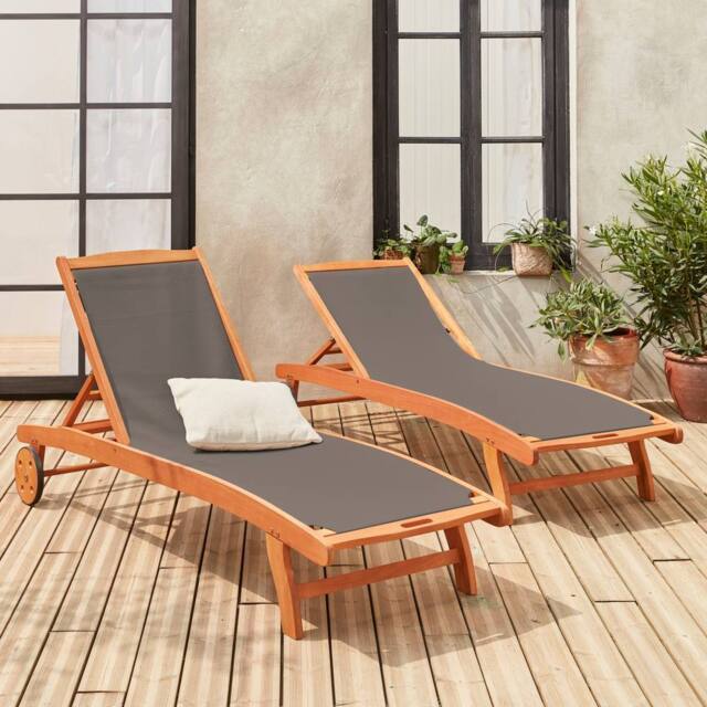 sweeek Pair Of Wooden & Textilene Sun Loungers in Grey - image 1