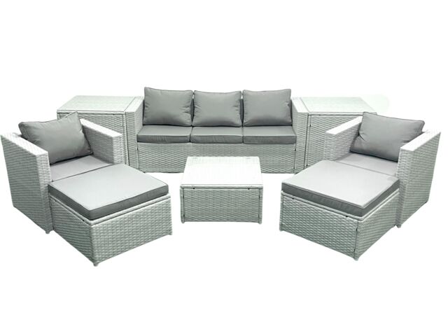 Fimous 7 Seater Rattan Garden Furniture Set with 3 Seater Sofa 2 Chair Square Coffee Table 2 Big Footstools 2 Side Tables Light Grey Mixed - image 1