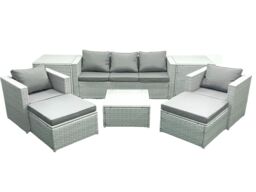 Fimous 7 Seater Rattan Garden Furniture Set with 3 Seater Sofa 2 Chair Square Coffee Table 2 Big Footstools 2 Side Tables Light Grey Mixed - thumbnail 1