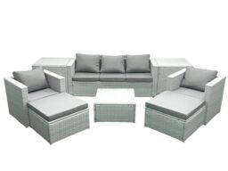 Fimous 7 Seater Rattan Garden Furniture Set with 3 Seater Sofa 2 Chair Square Coffee Table 2 Big Footstools 2 Side Tables Light Grey Mixed - thumbnail 2