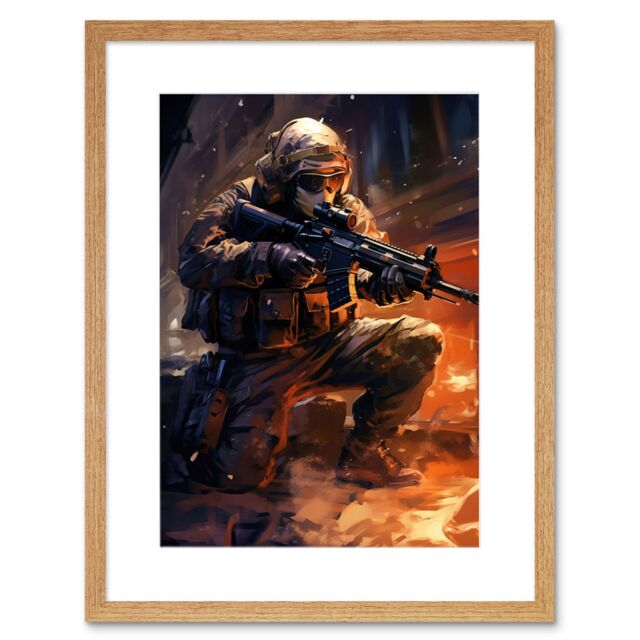 "Artery8 Wall Art Print Army Warfare Desert Sniper Explosion Flames Oil Painting Soldier Action Scene Artwork Framed 9X7 Inch - Size: W7"" x H9""" - image 1