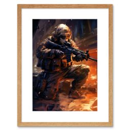 "Artery8 Wall Art Print Army Warfare Desert Sniper Explosion Flames Oil Painting Soldier Action Scene Artwork Framed 9X7 Inch - Size: W7"" x H9""" - thumbnail 1