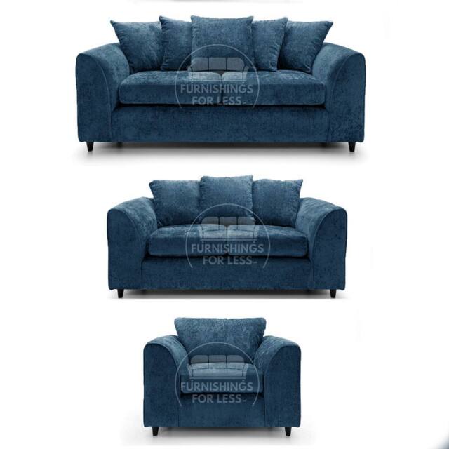 Furnishings For Less UK Monaco Chenille Fabric 3 Piece Sofa Suite - 3, 2 & Armchair Seater Scatter Back in Blue - image 1
