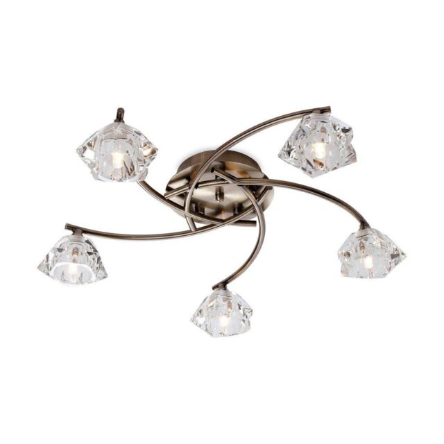 Netlighting Clara 5 Light Flush Multi Arm Ceiling Light Antique Brass Clear Glass G9 in Gold