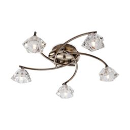 Netlighting Clara 5 Light Flush Multi Arm Ceiling Light Antique Brass Clear Glass G9 in Gold