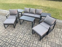 Fimous Aluminium 8 Pieces Garden Furniture Sofa Set with Cushions 7 Seater Outdoor Patio Set with 2 Armchair 2 Big Footstools 2 Side Tables Dark Grey - thumbnail 2