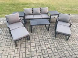Fimous Aluminium 8 Pieces Garden Furniture Sofa Set with Cushions 7 Seater Outdoor Patio Set with 2 Armchair 2 Big Footstools 2 Side Tables Dark Grey - thumbnail 1
