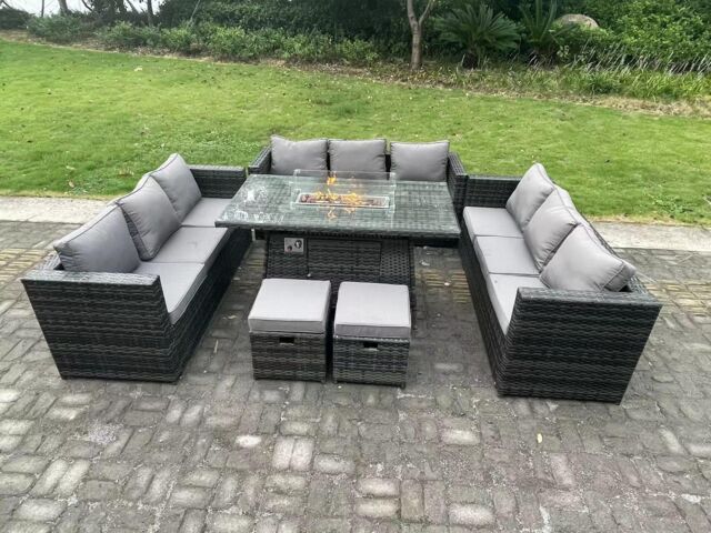 Fimous 11 Seater Outdoor Lounge Rattan Sofa Set Garden Furniture Gas Firepit Set Dining Table With Stools Dark Grey - image 1