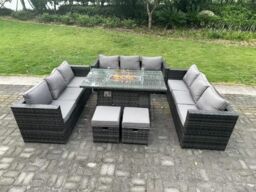 Fimous 11 Seater Outdoor Lounge Rattan Sofa Set Garden Furniture Gas Firepit Set Dining Table With Stools Dark Grey - thumbnail 3