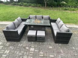 Fimous 11 Seater Outdoor Lounge Rattan Sofa Set Garden Furniture Gas Firepit Set Dining Table With Stools Dark Grey - thumbnail 1
