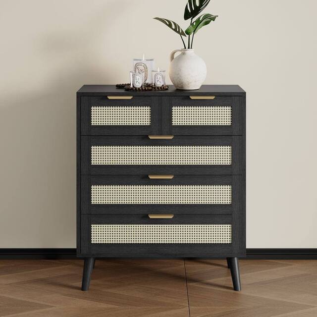 Furniture Maxi Boho 3+2 Drawers Chest Rattan Decorated Storage Cabinet in Black - image 1