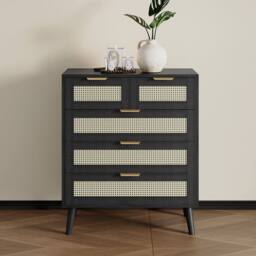 Furniture Maxi Boho 3+2 Drawers Chest Rattan Decorated Storage Cabinet in Black