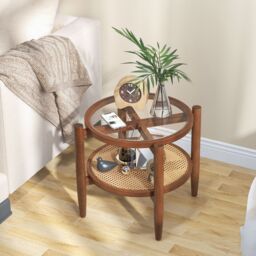Costway 2-Tier Round Side End Table PE Rattan Coffee Table Set of 2 in Brown - thumbnail 3