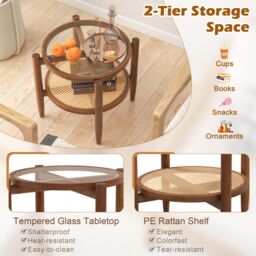 Costway 2-Tier Round Side End Table PE Rattan Coffee Table Set of 2 in Brown - thumbnail 6