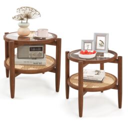 Costway 2-Tier Round Side End Table PE Rattan Coffee Table Set of 2 in Brown