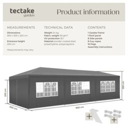 tectake Gazebo Miramas with 8 side panels, water-resistant, 9x3m in Grey - Size: Large - thumbnail 6