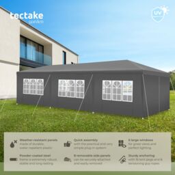tectake Gazebo Miramas with 8 side panels, water-resistant, 9x3m in Grey - Size: Large - thumbnail 2