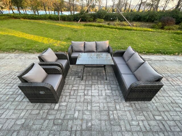 Fimous 8 Seater Rattan Outdoor Garden Furniture Sofa Set Patio Table & Chairs Set with 3 Seater Sofa Rectangular Dining Table in Dark Grey - image 1