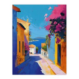 "Artery8 Santorini Seaside Coastal Town Painting Colourful Wall Art Print - Size: W12"" x H16""" - thumbnail 1