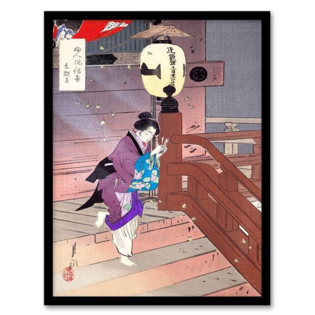 Artery8 Ogata Gekko Framed Wall Art Print Visiting The Temple Barefoot in Purple - Size: A4 - image 1