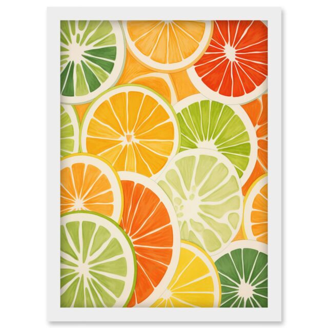 Artery8 Wall Art Print Slices of Limes Oranges & Grapefruit Bright Watercolour Painting Kitchen Artwork Framed A4 in White - image 1