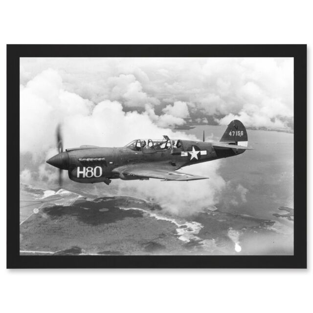 Artery8 War Military Vintage US Airforce Fighter Plane Black White P-40 Artwork Framed Wall Art Print A4 - image 1