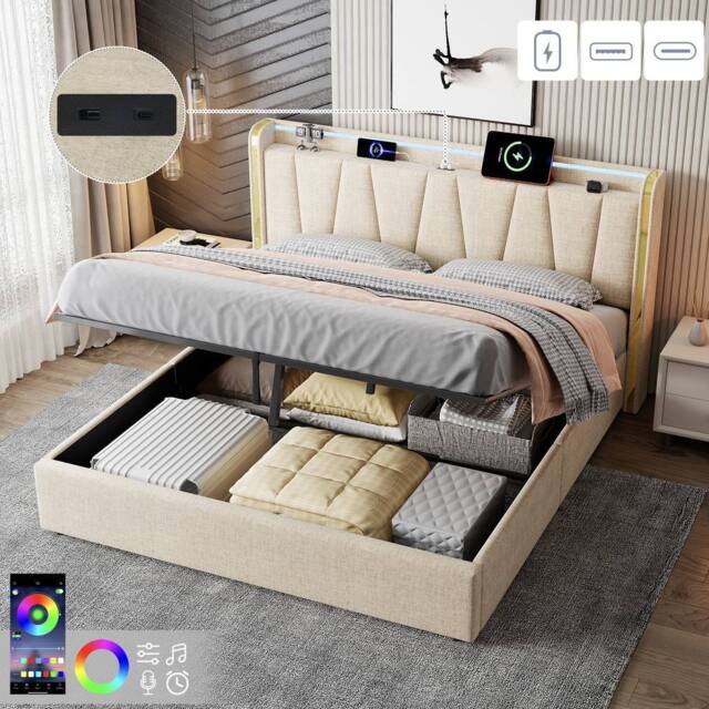 BTM Upholstered Bed with Hydraulic Storage, LED Headboard & Charging Ports in Beige - Size: King - image 1