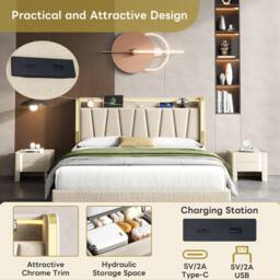 BTM Upholstered Bed with Hydraulic Storage, LED Headboard & Charging Ports in Beige - Size: King - thumbnail 5