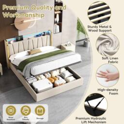 BTM Upholstered Bed with Hydraulic Storage, LED Headboard & Charging Ports in Beige - Size: King - thumbnail 7