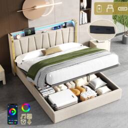 BTM Upholstered Bed with Hydraulic Storage, LED Headboard & Charging Ports in Beige - Size: King - thumbnail 8
