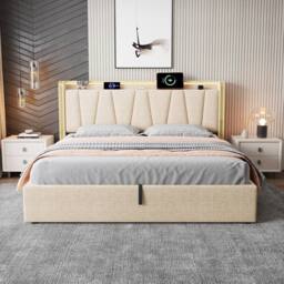 BTM Upholstered Bed with Hydraulic Storage, LED Headboard & Charging Ports in Beige - Size: King - thumbnail 2